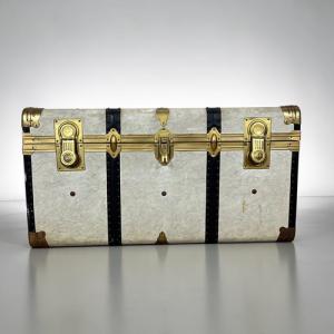 Antique wooden travel chest, White faux leather, Chest